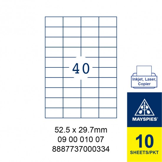 MAYSPIES 09 00 010 07 LABEL FOR INKJET / LASER / COPIER 10 SHEETS/PKT WHITE 52.5 X 29.7MM
